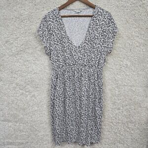 Boden Leaf Print Dress Women 16R Black White V-Neck Pocket Jersey Casual Preppy